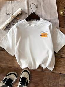 Women's Vintage T-Shirt [Double-Sided Print], Short-Sleeved, Round Neck, Casual Style, With The Brand "Champagne" And The Phrase "Champagne For Breakfast" Printed In A Yellow Rectangle On The Back, Machine Washable, Suitable For Casual Wear, Multi-Purpose Clothing, Fashionable T-Shirt, Comfortable Material, For Fashion Enthusiasts. - 白色 - 查看 3