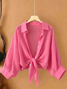 Nueva blusa de gasa de unicolor con chal corto casual de estilo de alas de murciélago para mujeres - Rosa Fucsia - Ver 6