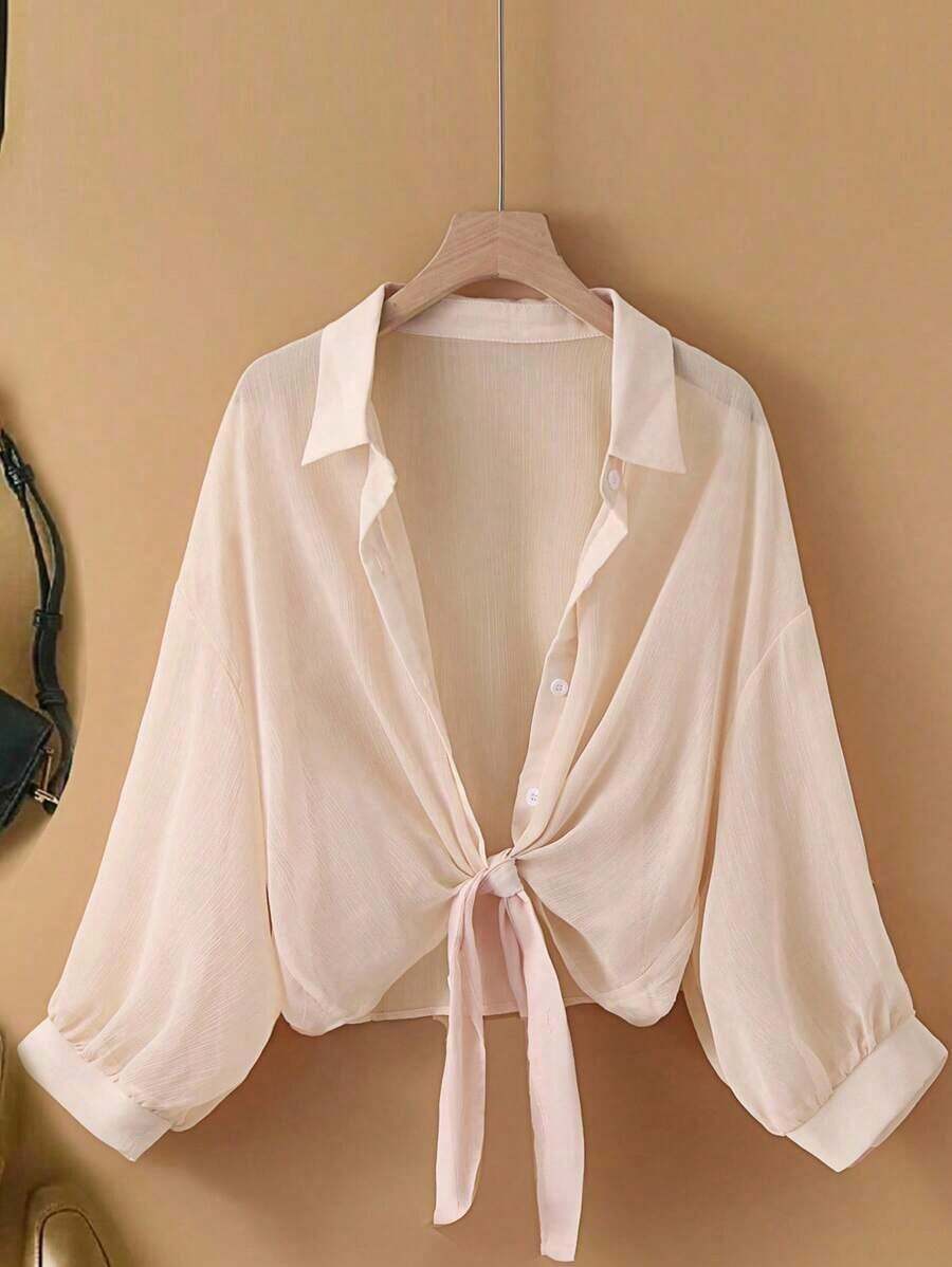 Nueva blusa de gasa de unicolor con chal corto casual de estilo de alas de murciélago para mujeres - Caqui - Ver 1