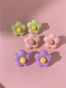 6pcs/Set 5-Petal Acrylic Flower Earrings, Suitable For Women's Daily Wear, Vacation Style, Pink, Light Green, Purple Flower Stud Earrings - Pink - View 6