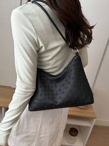 Bolsa Elegante de Cor Sólida, Bolsa de Ombro Clássica e Versátil de Moda com Relevo, Adequada para Compras, Armazenamento de Carteira, Ideal para Mulheres Jovens, Estudantes Universitários, Casais, Trabalhadores de Escritório. Perfeita para Escritório, Escola, Trabalho, Negócios. - Preto - Visão 5