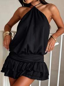 Vestido corto de verano de gasa con espalda descubierta para mujer, drapeado, para fiestas y vacaciones - Negro - Ver 5