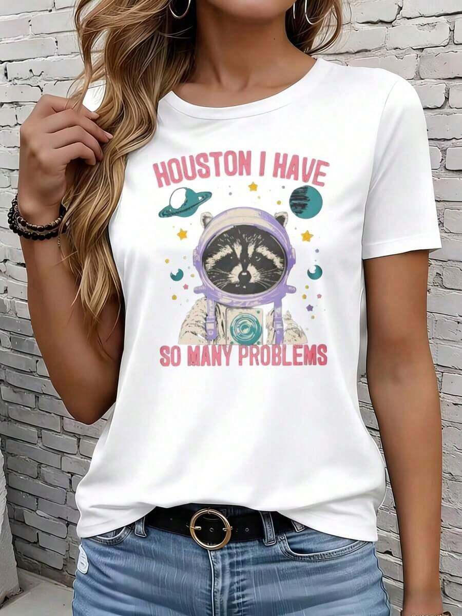 Camiseta suave 100% algodón, con un lindo diseño de mapache espacial. Camiseta para mujer con el texto "Houston I Have So Many Problems". Ideal para uso casual en primavera y verano. Regalo perfecto para amigos y familiares que aman los estampados de animales divertidos. Camiseta de algodón transpirable de 220g, combina con todo. - Blanco - Ver 1