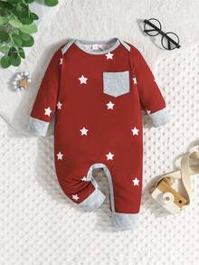 3pcs/Set Baju Terusan Bayi Laki-laki Kasual Nyaman Musim Semi Musim Gugur Baru Motif Bintang Garis Tipis Lengan Panjang - Merah - View 4