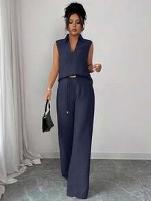 Set de 2 piezas de top sin mangas de cuello en V y pantalones rectos con decoración de cinturón holgado, de estilo casual y versátil para mujer, para primavera/verano - Azul marino - Ver 6