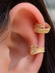2Pcs Vintage Dainty Gold Feather Leaves Ear Cuff Non-Piercing Ear Clips Fake Cartilage Helix Clip Earring For Women Men Jewelry No Ear Without Hole Adjustable Non Pierced Poke Free Earrings - A Pair Of Feather Leaf Ear Clips - View 1