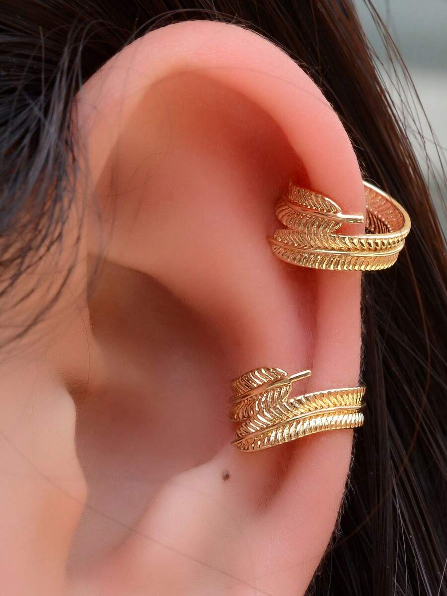 2Pcs Vintage Dainty Gold Feather Leaves Ear Cuff Non-Piercing Ear Clips Fake Cartilage Helix Clip Earring For Women Men Jewelry No Ear Without Hole Adjustable Non Pierced Poke Free Earrings - A Pair Of Feather Leaf Ear Clips - View 1