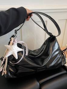 New Fashion Casual Solid Color PU Fabric Crossbody Bag With Hanging Ornament, Drawstring Tie, Multiple Pockets, Large Capacity Women's Shoulder Bag - A - View 12