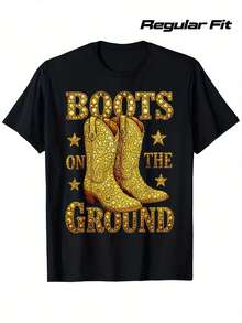 Camiseta Gráfica de Vaquera del Oeste "Boots On The Ground" - 100% Algodón, 180 g/m², Camiseta Negra con Diseño de Botas de Vaquero y Estrellas Brillantes, Corte Regular, Manga Corta, Cuello Redondo, Camiseta Casual para Hombres y Mujeres, Regalo para Halloween, Acción de Gracias, Navidad, San Valentín, Día del Padre, Día de la Madre - Negro - Ver 2