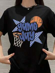 Camiseta de baloncesto para mujer, regalo para fanáticas del deporte, estilo deportivo, ropa casual, camiseta con estrellas azules a cuadros y diseño de baloncesto, perfecta para eventos de día de juego y atuendos deportivos. - Negro - Ver 7