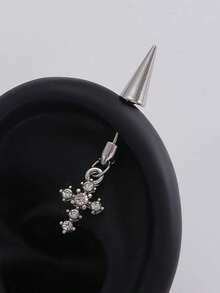1pc Stainless Steel Cross Spike Pendant With Rhinestones, Minimalist Fashion Jewelry Earring For Women, Suitable For Daily Wear And Parties - Silver - View 5