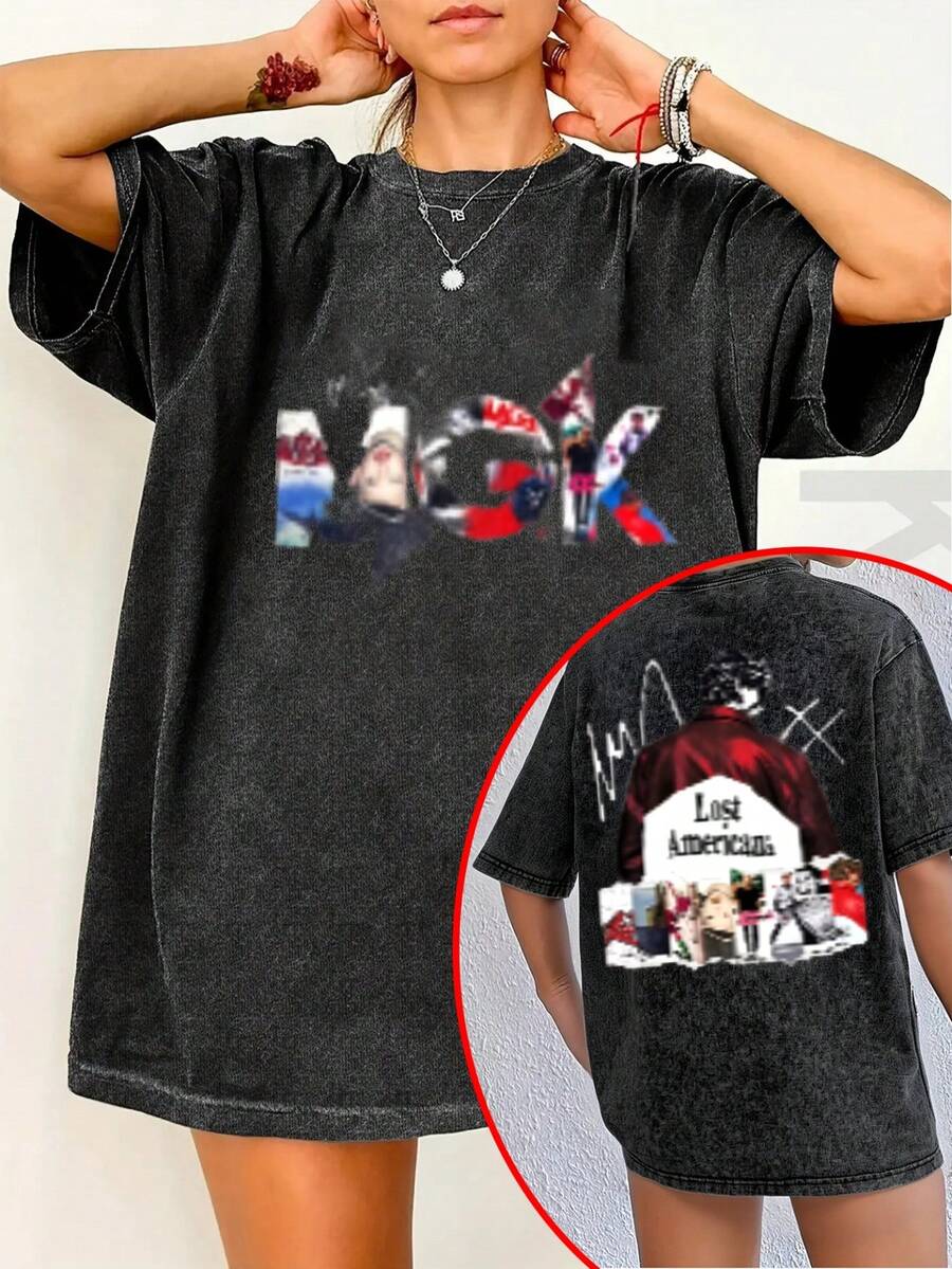 Camiseta de moda para mujer con estampado creativo de anime de estilo retro urbano, camiseta de mujer de alta calidad con efecto lavado, top vintage con aspecto desgastado, manga corta de cuello redondo y corte holgado, suave, cómoda y transpirable, ropa de mujer a la moda, exclusiva de Tingge. - Negro - Ver 1