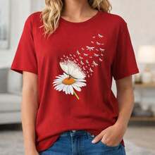 Camiseta de algodón puro para mujer, tallas 0XL-5XL, con estampado de margaritas, manga corta, cuello redondo, estilo casual, transpirable y suave para uso diario, corte holgado, camiseta de moda de verano para mujeres con curvas, color negro. - Rojo - Ver 7