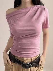 Camiseta blanca de manga corta de ajuste ceñido con cuello oblicuo de unicolor para mujer, top de verano para salir - Rosa - Ver 4