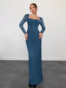 Vestido negro ajustado hasta el suelo con cuello corsé ahuecado y mangas largas con encaje en forma de S sexy para mujer para fiestas, citas y banquetes de otoño/invierno nuevo - Agua verde azul - Ver 3