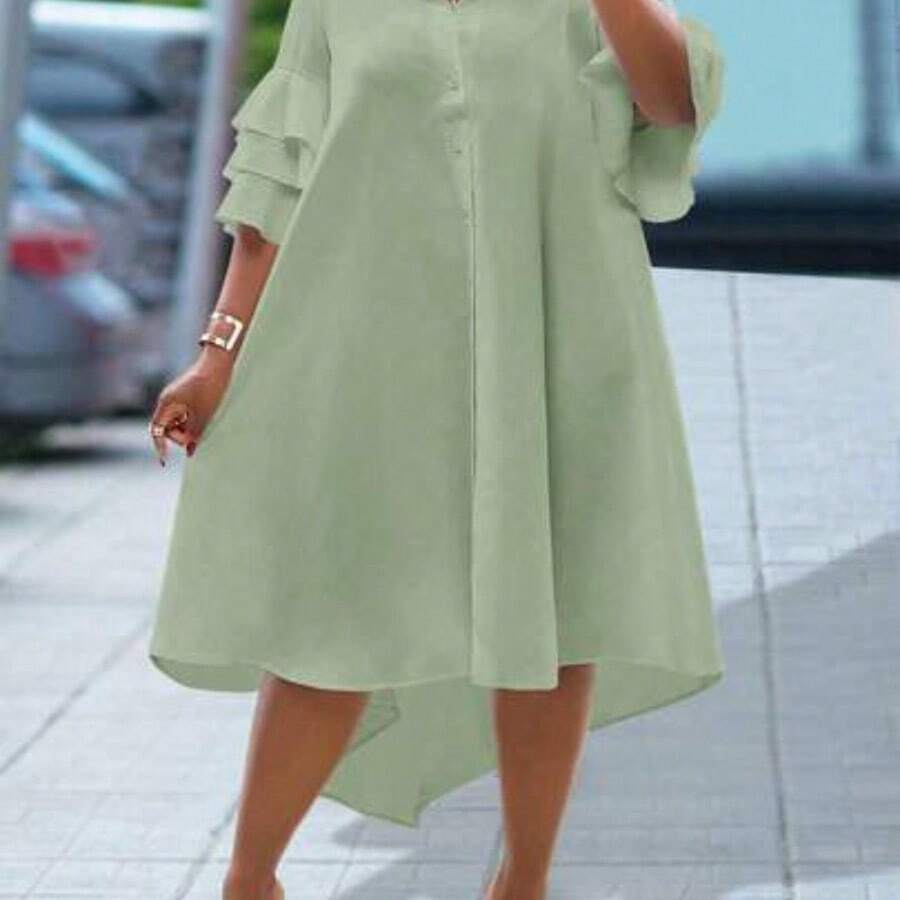 Women Solid Color Simple Casual Beach Short Sleeve Layered Ruffle Sleeve Shirt, Uneven Hem Mid-Length Dress,Graduation Dress - verde menta - Ver 1
