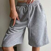 Women's Solid Color Drawstring Waist Pocket Loose Casual Shorts - Gris Claro - Ver 5