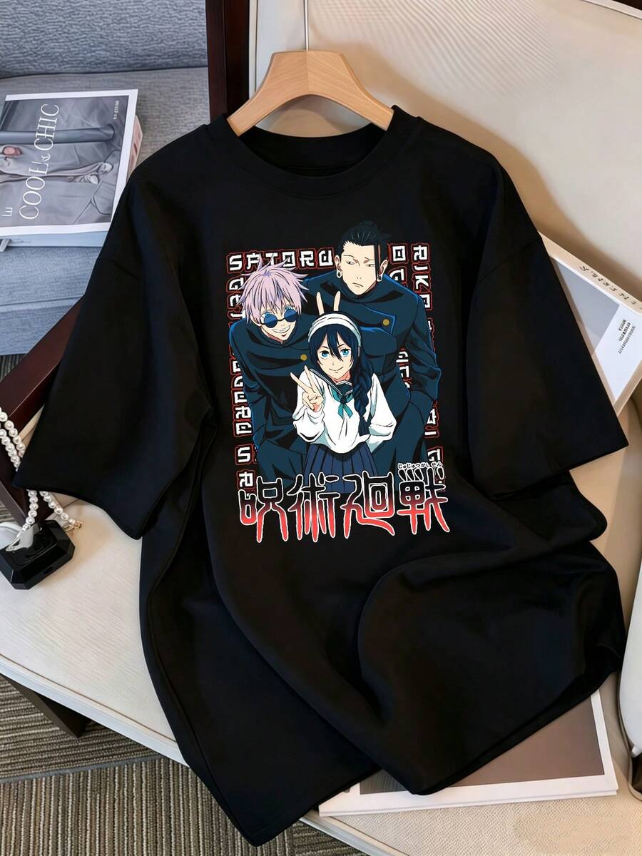 2026 T-Shirt, Gojo & Geto Printed T-Shirt, Casual Oversized Cotton T-Shirt, Unisex Top For Anime Fans, Short-Sleeved Japanese Streetwear. Retro Style K-Pop Idol Bootleg Oversized T-Shirt, Vintage Graphic Print T-Shirt, Casual Short-Sleeved Top, K-Pop Fan Merchandise, Black Streetwear T-Shirt For Fans, Vintage K-Pop Star Graphic Print T-Shirt, Oversized Short-Sleeved T-Shirt With Retro Lightning Bolt Letter Print, Casual Black Crew Neck Top, Streetwear Style Idol Fan Gift, Comfortable Loose-Fitting Cotton Blend T-Shirt For Women And Men. - màu đen - Xem 1
