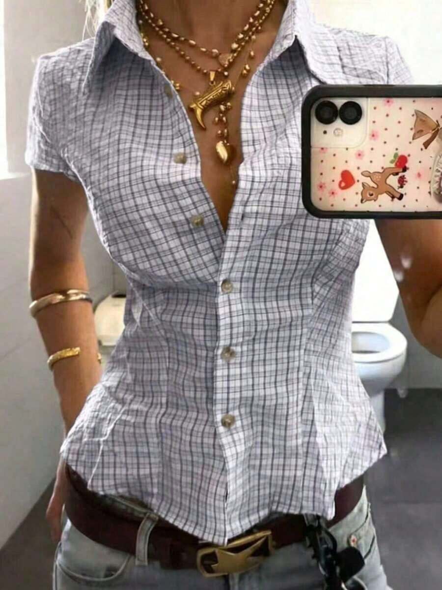 Camisa ajustada de mujer con cuello polo y manga corta - Azul - Ver 1