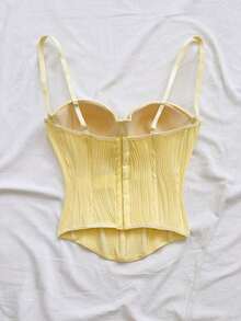 Top corto de camisola con textura de punto de onda para vacaciones, conjunto sexy para la playa/cita - Amarillo claro - Ver 2