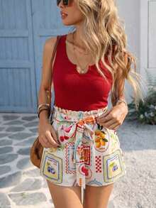 Mono de mujer con estampado de frutas y parches de colores, de uso casual y versátil para el uso diario - Rojo - Ver 4