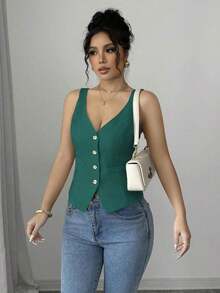 Camiseta sin mangas de un solo pecho de unicolor casual para mujer - Verde - Ver 4