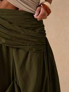 Pantalones sueltos y plisados de unicolor para uso diario de mujer - Verde militar - Ver 3