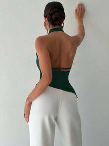 Camisa elegante de oficina para mujer, blusa negra ajustada con cuello asimétrico, sin mangas, halter, espalda descubierta, decoración de botones ajustables, ropa de primavera/verano, elegante, sexy - Verde Oscuro - Ver 2