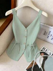 Nuevo Llegada para el Día de San Valentín 2025 Blusa de Tirantes con Cuello en V Profundo, Cintura Ceñida y Lazo para Mujer, Primavera/Verano - verde menta - Ver 8