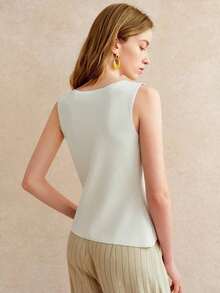 Blusa de punto sin mangas con botones delanteros de unicolor para uso casual y de oficina para mujeres - Blanco - Ver 2