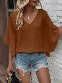 Camisa de manga de murciélago de unicolor casual, verano - Café integral - Ver 8