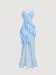 Vestido largo con abertura alta, cuello en V y volantes, con estampado de teñido anudado, vestidos de verano para mujer, vestidos en tonos pastel, vestido de fiesta, atuendo de fiesta, vestido de playa, atuendos de playa para mujer, vestidos ele - Azul 2 - Ver 3