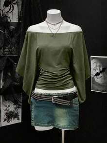 Camiseta retro sexy de mujer con hombros descubiertos, cintura ceñida y pliegues de unicolor - Verde militar - Ver 3