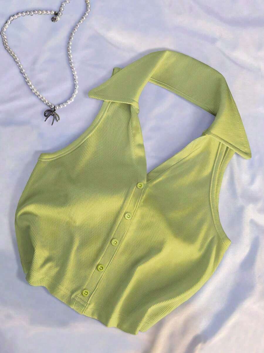 Blusa sin mangas con cuello polo y escote en V para mujer, de estilo casual y chic para la calle, en color marrón - Verde - Ver 1