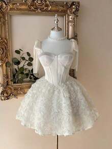 Elegante, romántico y de moda vestido de satén color café con hombros descubiertos y cola de sirena, con decoración floral 3D y volantes en el bajo, adecuado para fiestas de solteros, bodas, graduaciones, vacaciones, tardes de té y ocasiones formales - Albaricoque - Ver 4