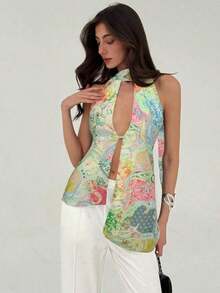Top con cuello halter y espalda descubierta, asimétrico y sexy para mujer - Multicolor 3 - Ver 2