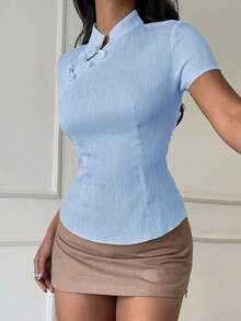 Blusa de cuello Mao de manga corta con cintura ceñida, estilo chino nuevo en color albaricoque, nuevo diseño de primavera/verano para mujer - Celeste - Ver 5