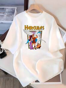 Imagen que muestra a un héroe mítico acompañado de su compañera, un pegaso blanco y un amigo divertido representando la fuerza, la valentía y la amistad camiseta de mujer  casual cómoda para uso diario - Blanco - Ver 3