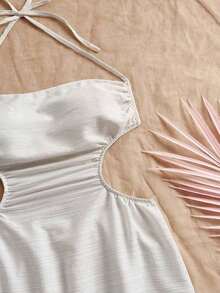 Vestido largo con espalda calada y lazo, cuello drapeado, lazo en la cintura, abertura alta, adecuado para vacaciones, festivales de música, estilo bohemio, vacaciones, citas, té de la tarde - Beis - Ver 4