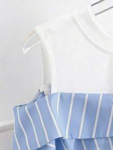 Conjunto de vacaciones para mujer con camisa a rayas de dos piezas falsa - Azul - Ver 3