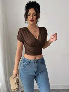 Camiseta casual de mujer con cuello en V y cruce en la cintura - Café integral - Ver 4