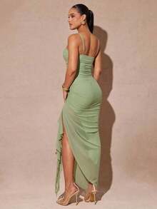 xheSilquee Elegante vestido verde salvia con mangas abullonadas románticas y abertura alta, vestido de fiesta ajustado con encaje para el Día de San Valentín, citas, invitados de boda, baile de graduaciónxhe - Verde - Ver 2