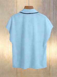 Blusa versátil y casual con mangas de murciélago, cuello en V y estampado de pañuelo, color beige, adecuada para primavera y verano - Celeste - Ver 6