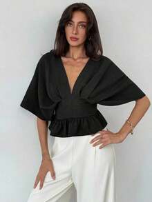 Blusa de manga de murciélago de unicolor elegante para mujer, de verano - Negro - Ver 6