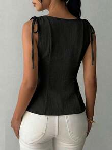1 pieza Blusa informal de punto de unicolor con volante, rosa de verano - Negro 2 - Ver 3