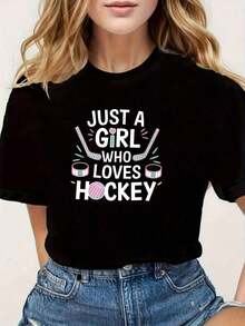 Camiseta de hockey sobre hielo para mujer - Diseño con logotipo de palo de hockey y disco, con diseño de jugadora femenina, camiseta casual de manga corta y cuello redondo, suave y elástica, ropa con temática de hockey en negro y rosa para eventos deportivos, atuendo casual y para amantes del hockey. - Negro - Ver 7
