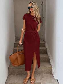 Vestido midi casual de mujer con estampado de lunares, cintura retorcida y abertura alta sin mangas; Vestido ajustado texturizado casual de mujer; Conjunto de fitness de mujer; Vestido de invitada de boda de mujer; Atuendo de oficina de mujer - Burdeos - Ver 5