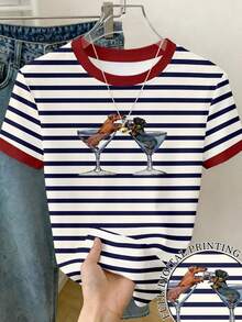 Camiseta de mujer de manga corta con cuello redondo, bloque de color, bordado de corazón a rayas y versátil - Multicolor 2 - Ver 6