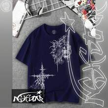 Premium 100% Cotton T-Shirt ASHSTAR "GOTHIC CROSS SKULL" - 藏蓝色 - 查看 1
