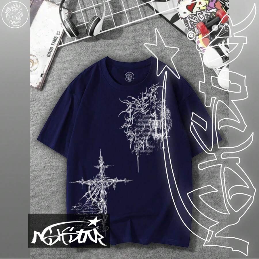 Premium 100% Cotton T-Shirt ASHSTAR "GOTHIC CROSS SKULL" - 藏蓝色 - 查看 1